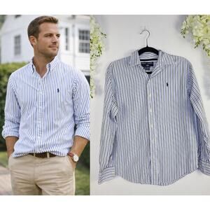 Ralph Lauren Sport Button Down Shirt 10 Blue Striped Cotton Preppy Classic